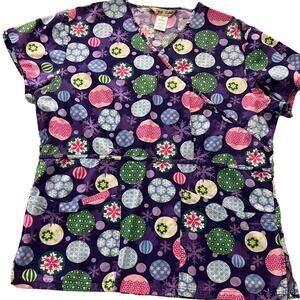 Comfy Cotton Womens Medium Scrub Top Purple Christmas Ornament Vintage Snow